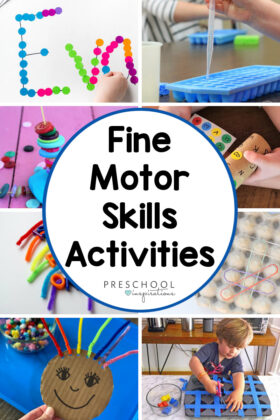 collage of eight different preschool activities with the text fine motor skills activities