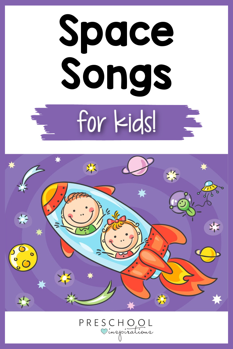 pinnable image of two cartoon kids blasting off in a rocket ship and the text 'space songs for kids'