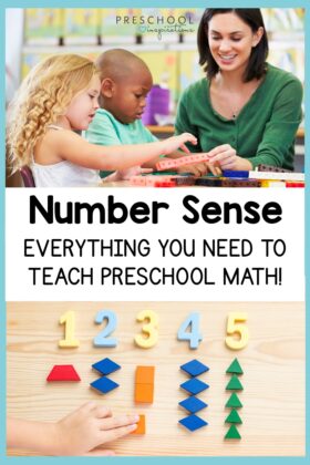 pinnable image of a preschooler counting cubes and shapes laid out under numbers and the text, 'number sense everything you need to teach preschool math'