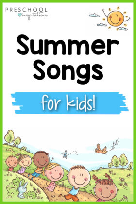pinnable image of cartoon kids running over a hill and the text summer songs for kids