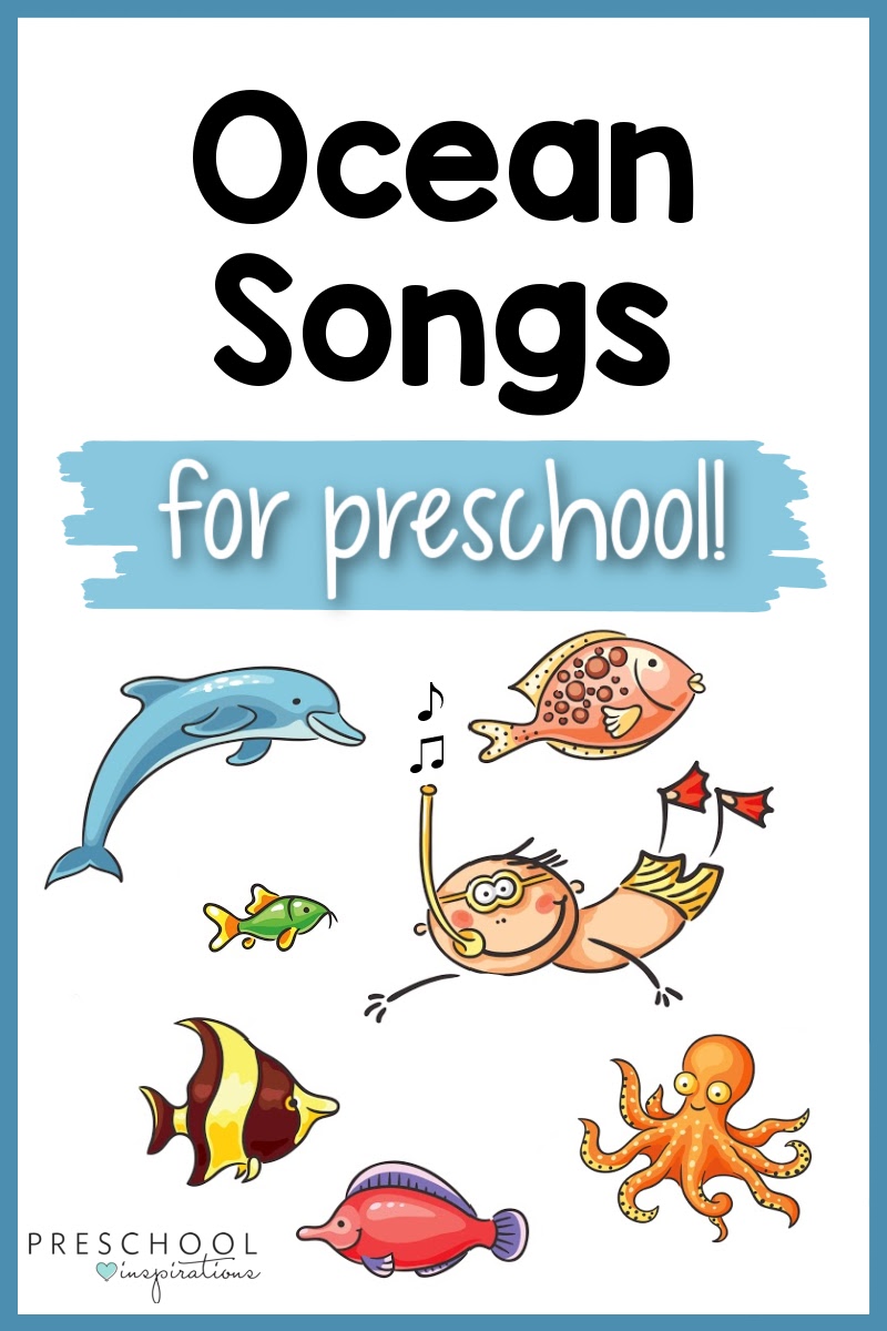 a cartoon boy swimming with ocean creatures and the text 'ocean songs for preschool'