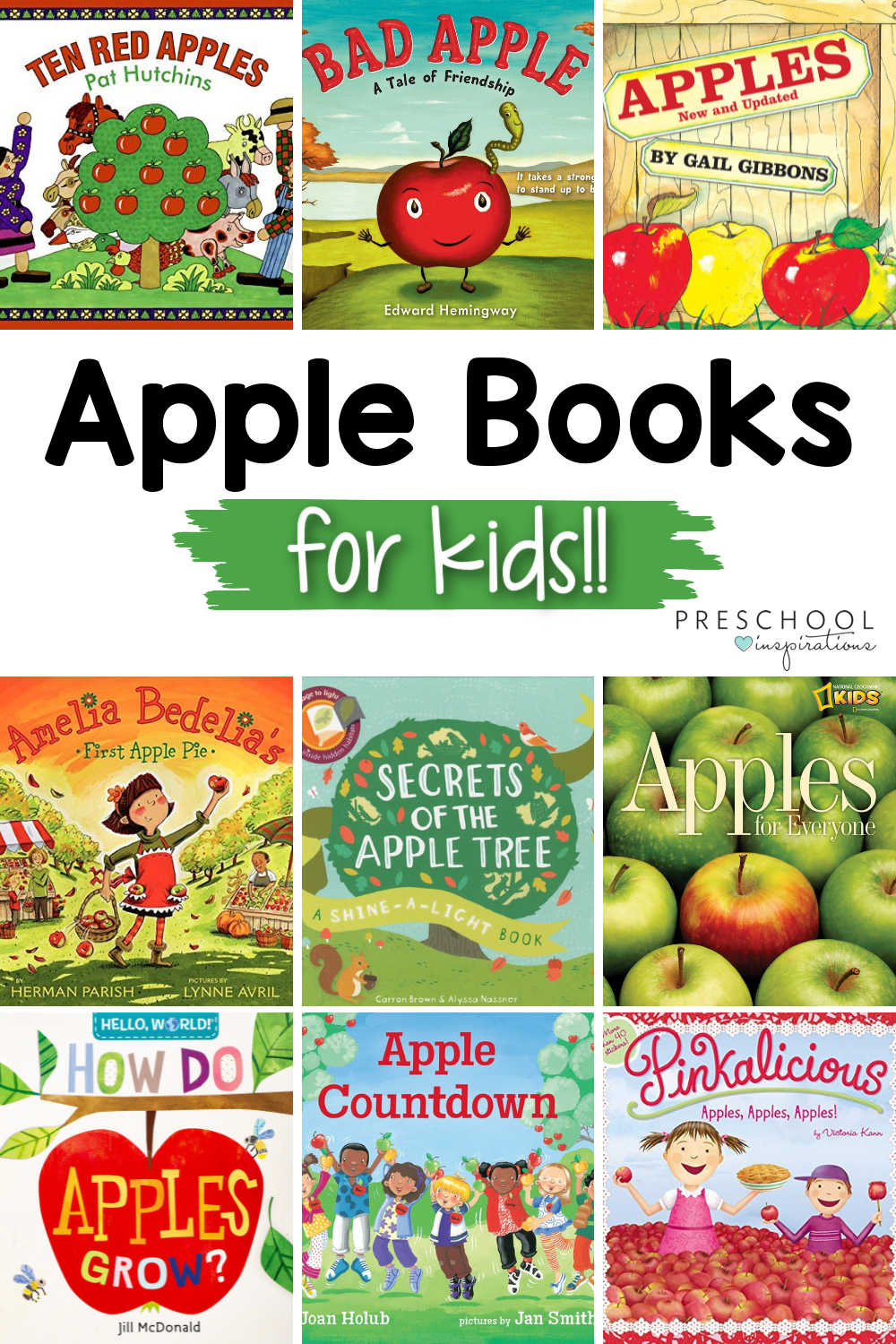pinnable image of the covers of nine popular apple books and the text, 'apple books for kids!'