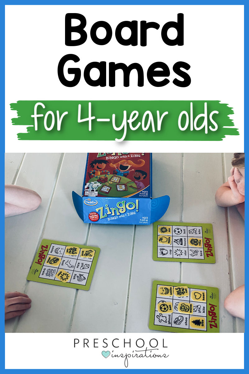 pinnable image of kids playing zingo and the text 'board games for 4-year olds'