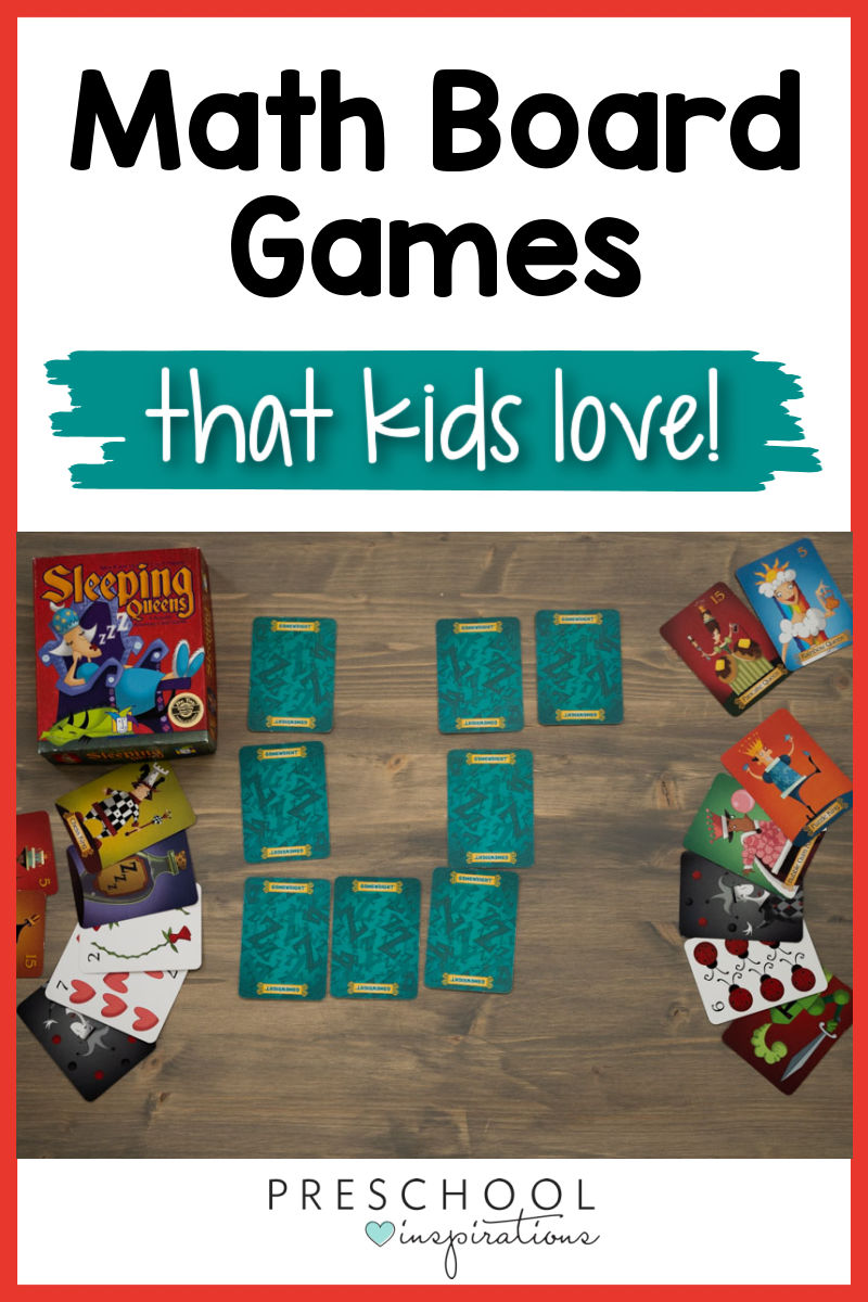 pinnable image of the game sleeping queens laid out and the text, 'math board games that kids love'