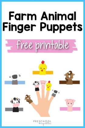 pinnable image of five printable farm animal finger puppets with the text 'farm animal finger puppets free printable'