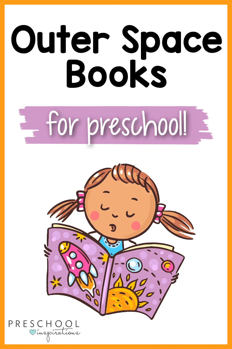 a clipart image of a preschool girl reading a book about space with the text 'outerspace books for preschool'
