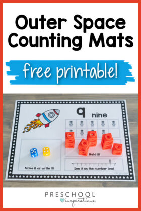 a space counting mat showing the number 9 and the text 'outer space counting mats free printable'