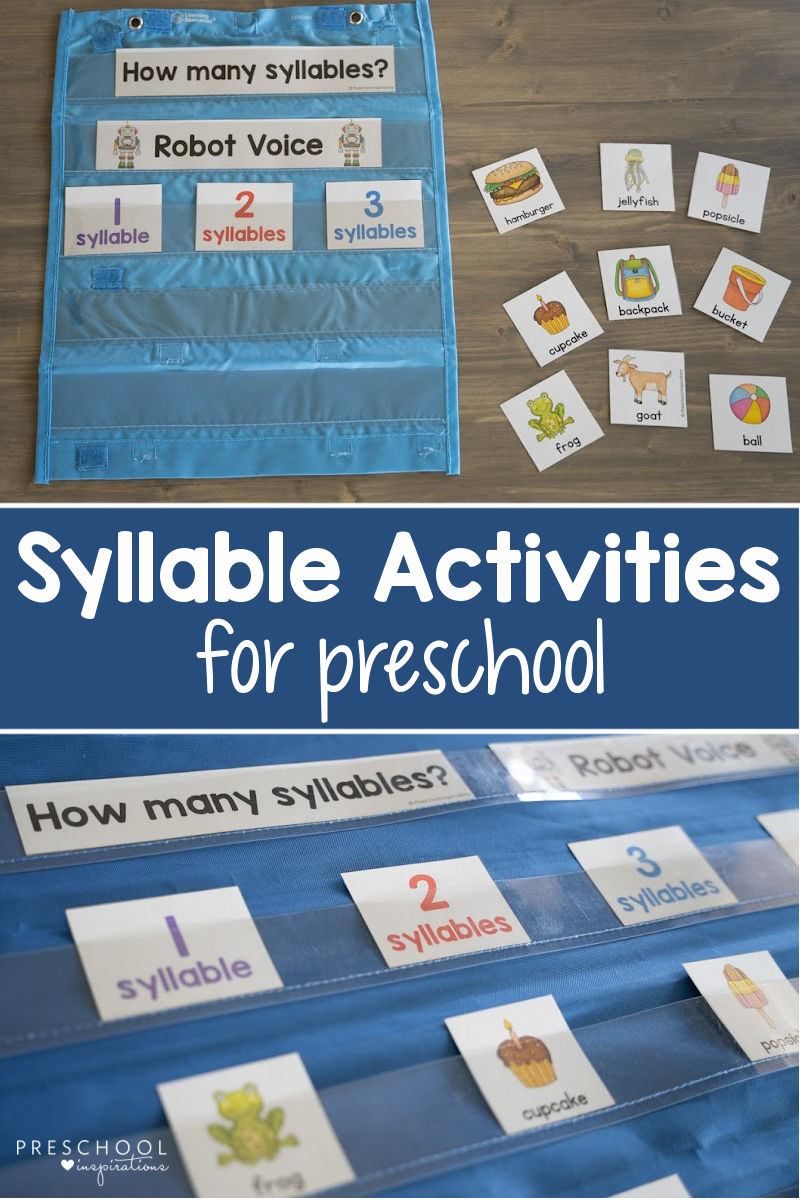 two images of a pocket chart showing words graphed by how many syllables they have and the text 'syllable activities for preschool'