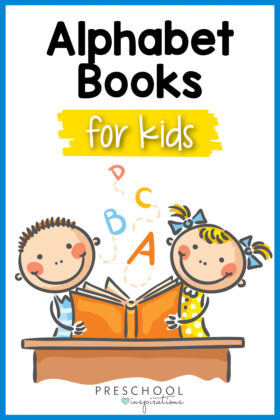 pinnable clip art of two kids reading a book with letters floating out and the text alphabet books for kids