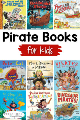 pinnable collage of nine different pirate picture book covers and the text 'pirate books for kids'