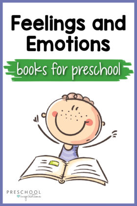 a clip art preschool kid raising his hands in excitement while reading a book and the text feelings and emotions books for preschool