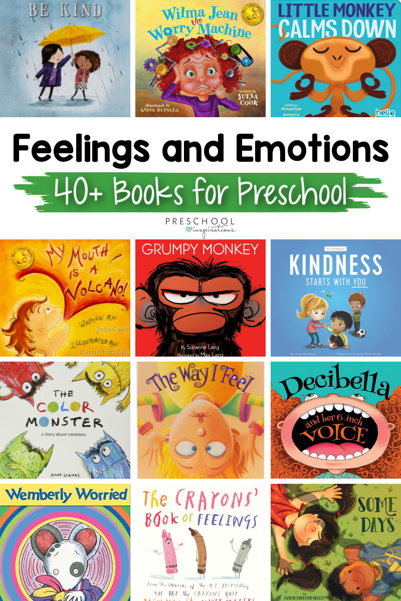 twelve book covers in a pinnable collage with the title feelings and emotions 40+ books for preschool
