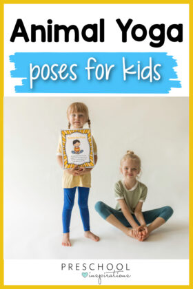 a girl holding a card showing the butterfly pose and another girl in that pose and the text animal yoga poses for kids