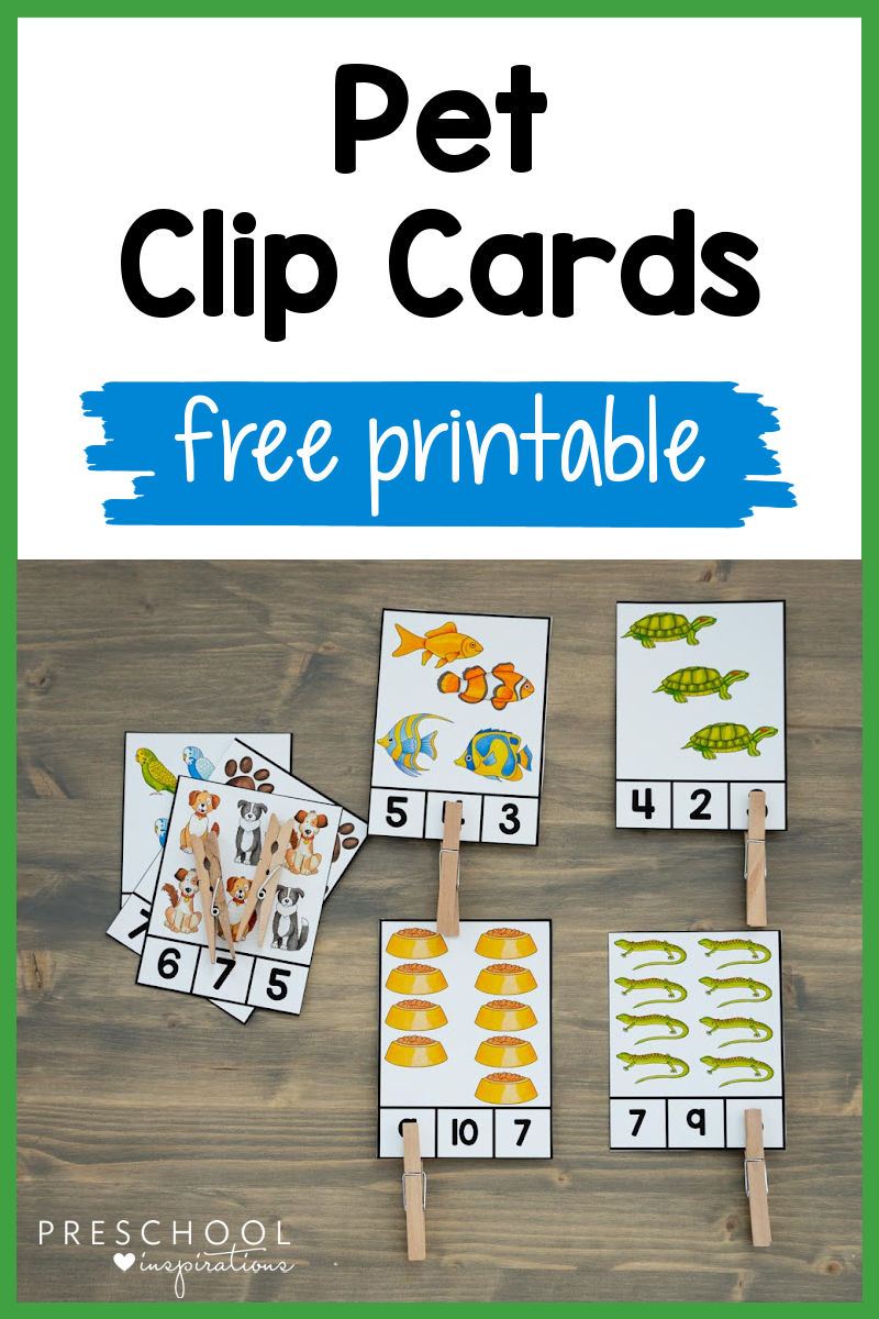 completed pet count and clip cards lying next to an unfinished stack with the text pet clip cards free printable