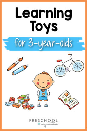 a clipart boy surrounded by a lego set, a bike, a book, and art supplies and the text learning toys for 3-year-olds