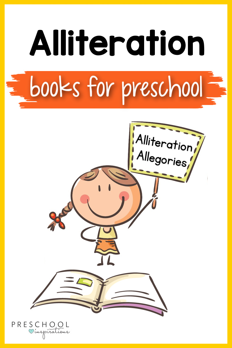 a clipart girl standing in front of a large book and holding a sign that says alliteration allegories with the text overlay that reads alliteration books for preschool 