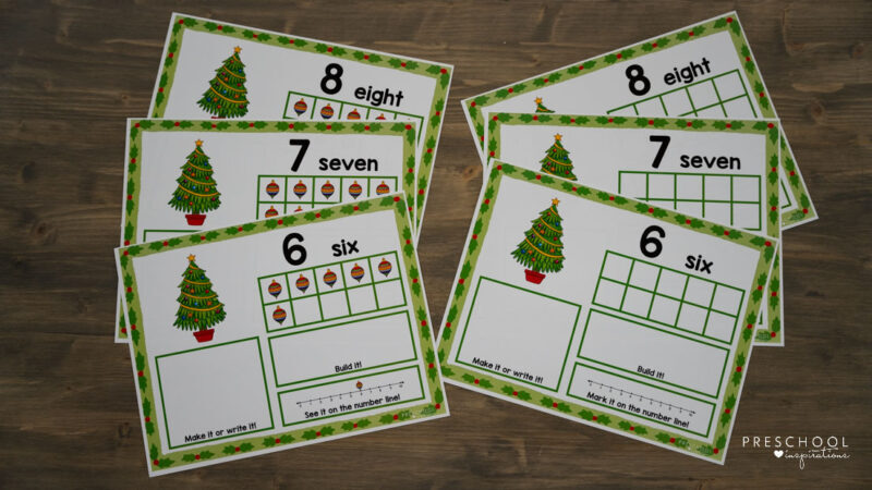 two sets of christmas counting mats, one with the ten frame filled in and one without