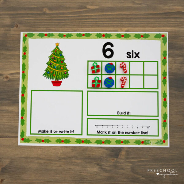 a preschool ten frame mat for a Christmas theme that's not filled in for the number six