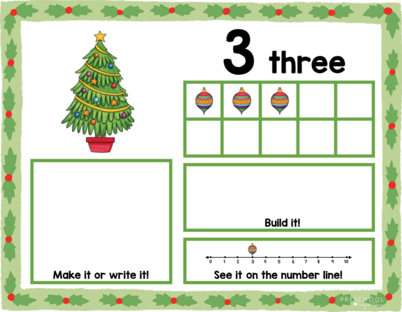 a printable christmas ten frame mat preprinted with the number three