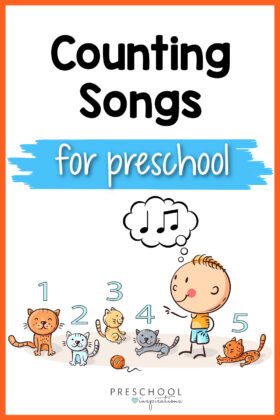 a clip art preschool boy counting 5 cats and the text counting songs for preschool