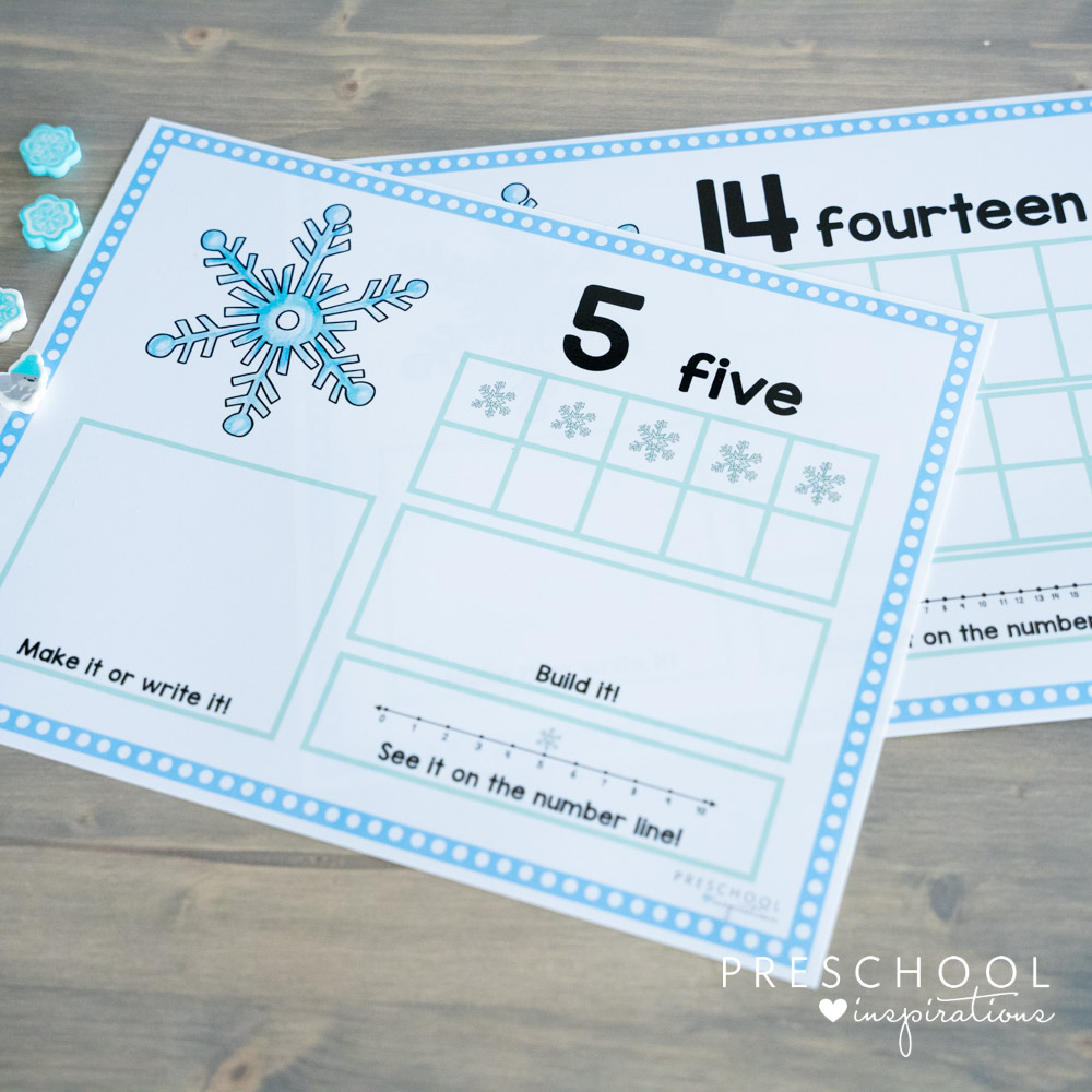winter ten frame counting mats showing the numbers five and fourteen