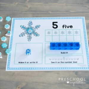 a winter themed ten frame showing the number five filled in