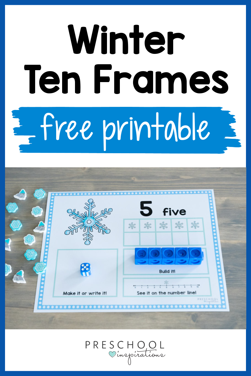 a winter themed counting mat showing the number 5 filled in and the text winter ten frames free printable