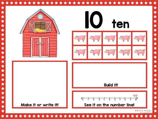 a printable farm counting mat showing the number ten pre-filled 