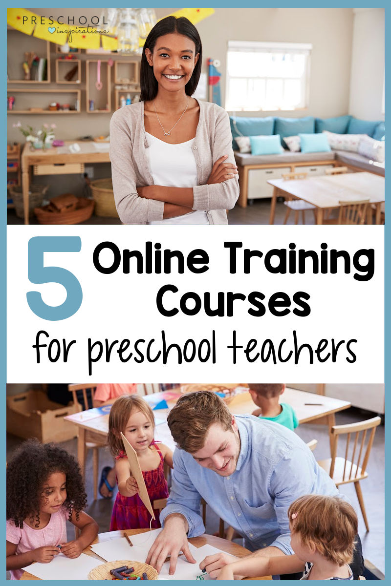two preschool teachers in their classrooms in a pinnable collage with the text 5 online training courses for preschool teachers
