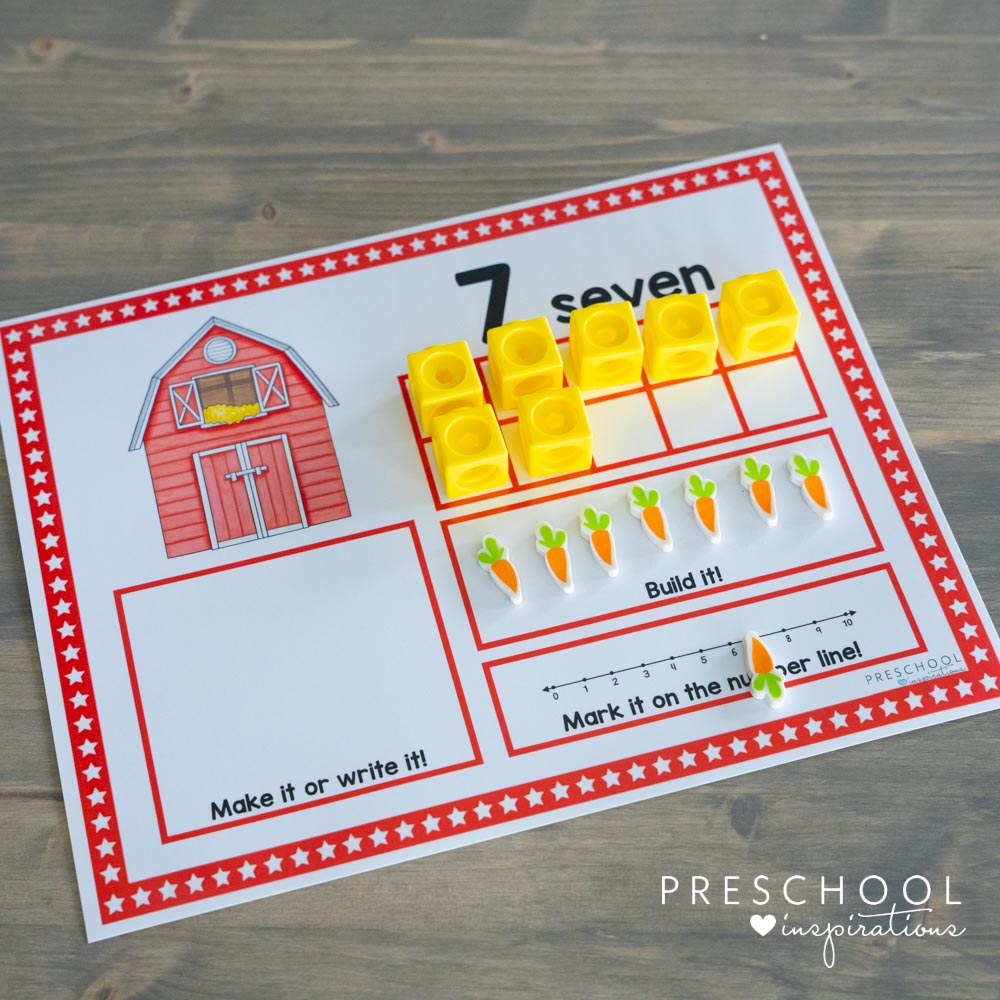 a farm theme ten frame mat showing the number seven filled in with manipulatives