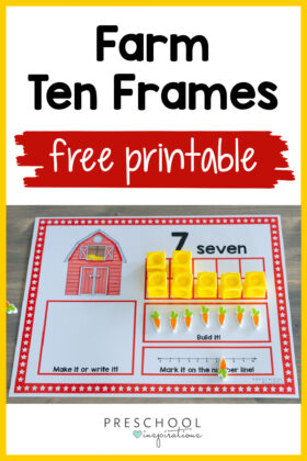 ten frame mat showing the number seven in a farm theme and the text farm ten frames free printable