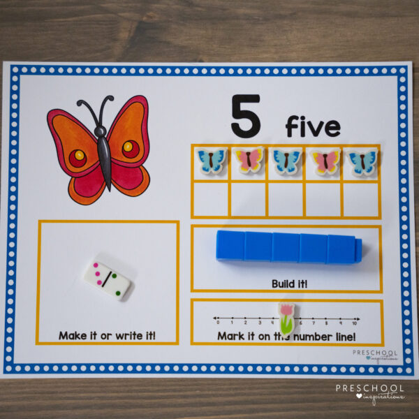 a butterfly ten frame counting mat that's more advanced and left blank for the learner to fill in with the number five