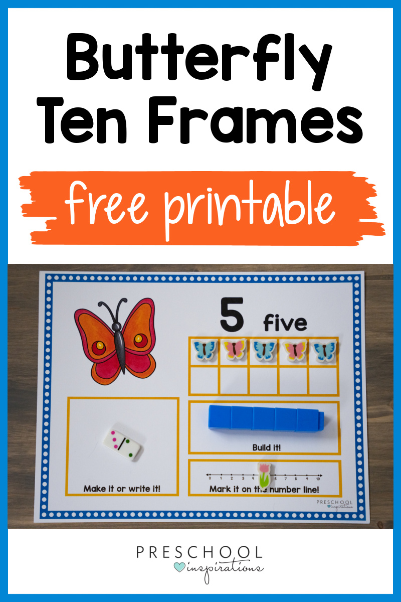a butterfly theme ten frame counting mat filled in with the number five