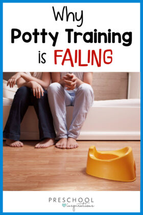 bewildered parents sitting in front of a training potty and the text why potty training is failing