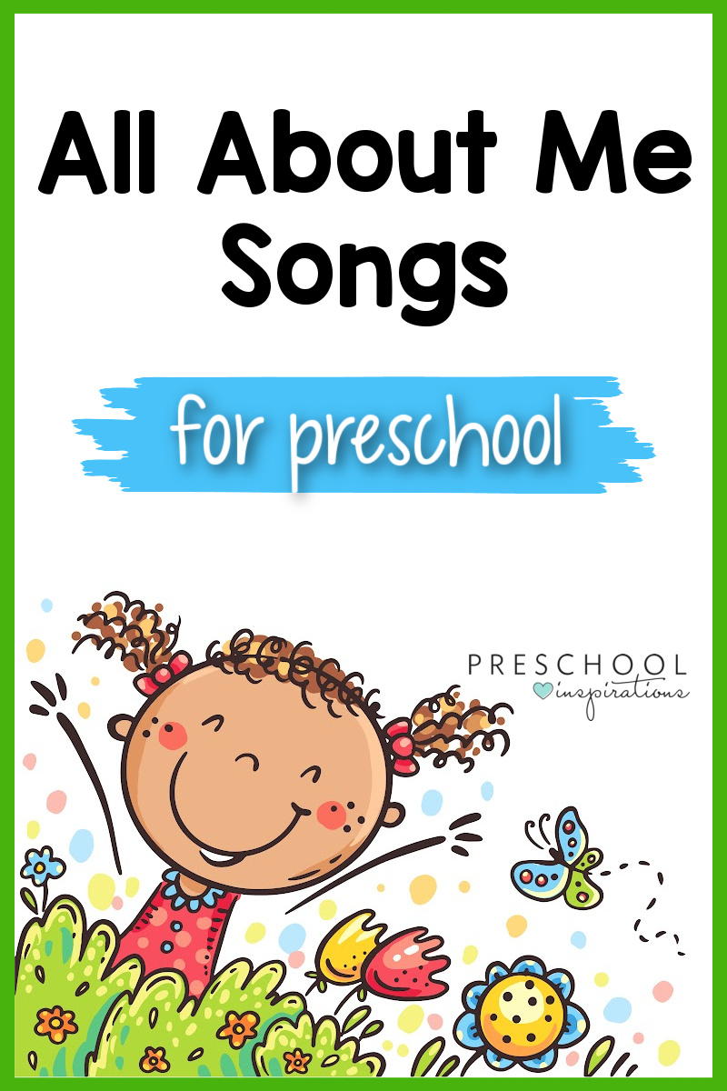 a clipart girl smiling in a meadow with her hands outstretched and the text all about me songs for preschool 