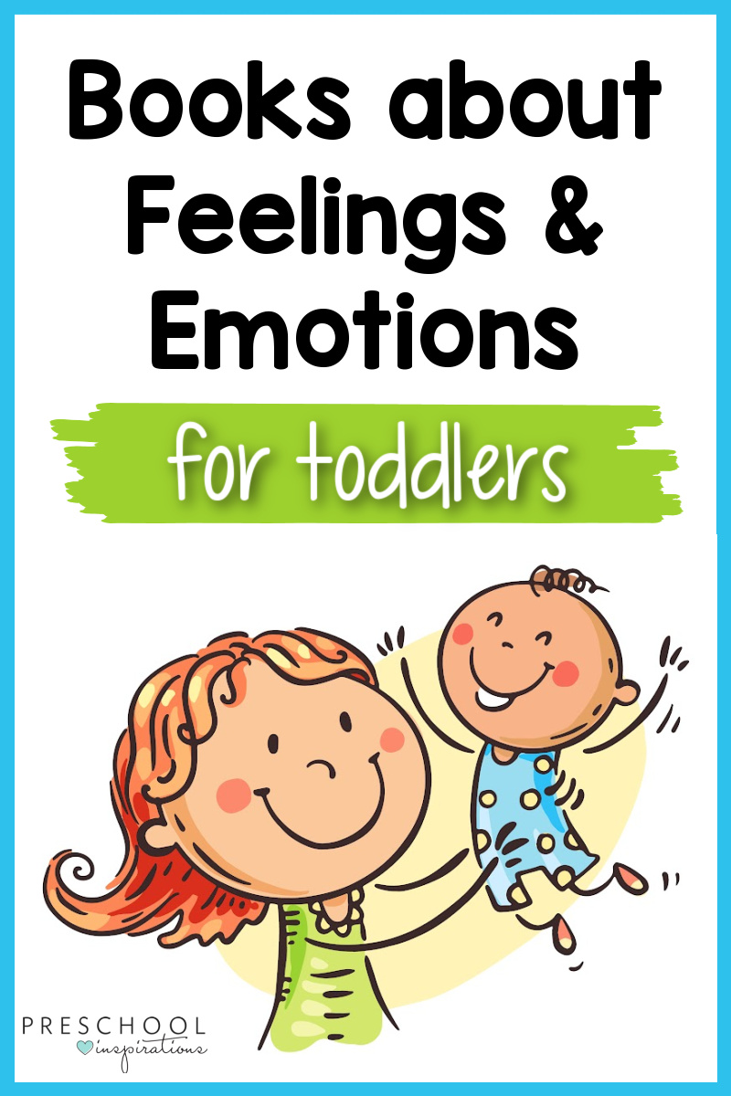 a clipart mom lifting her happy toddler into the air and the text books about feelings and emotions for toddlers