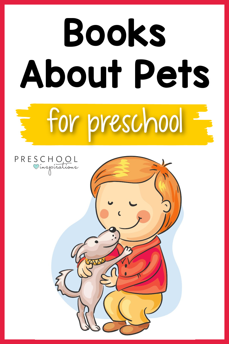 a clipart boy hugging his pet dog and the text books about pets for preschool