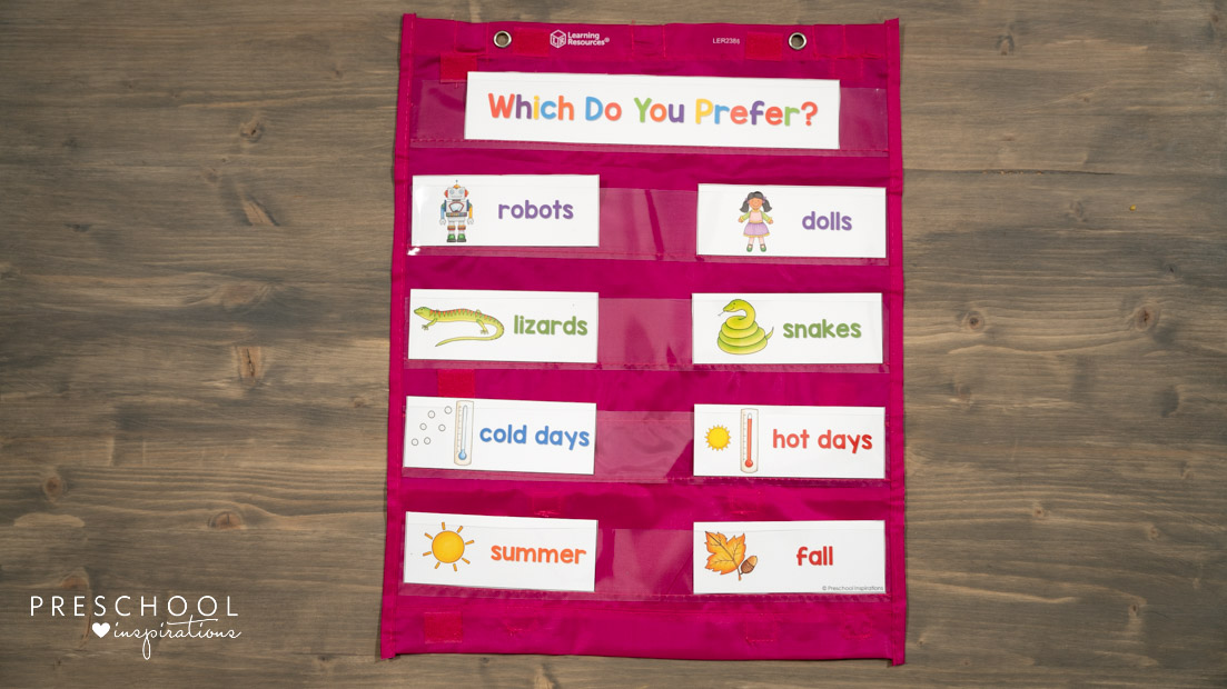 Pocket chart with pictures of toys for preschool circle time