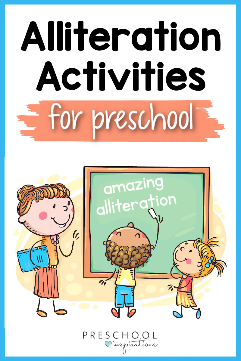 a clip art boy writing the text amazing alliteration on a chalkboard in a classroom with the text alliteration activities for preschool