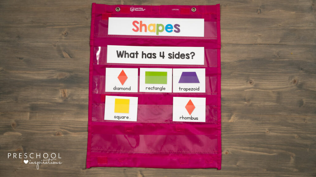 Pocket chart asking what shape has four sides