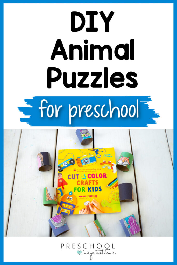 Photo of the book "Cut and Color Crafts for Kids" with animal puzzle pieces around it.