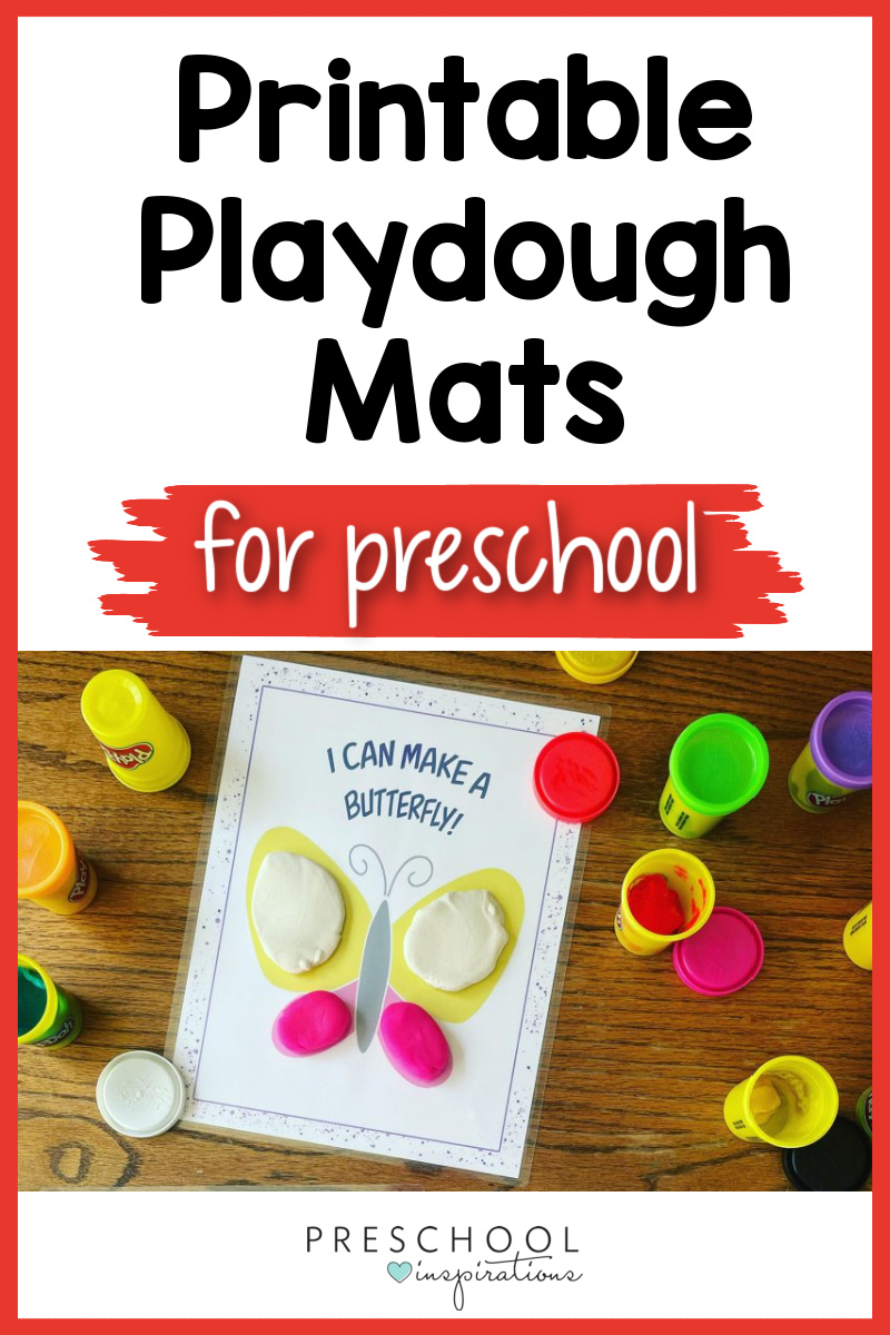 a butterfly playdough mat surrounded by tubs of playdough and the text printable playdough mats for preschool 