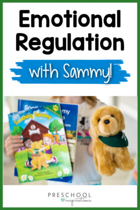 a child's hands holding up two Soothing Sammy books and a stuffed dog and the text Emotional Regulation with Sammy