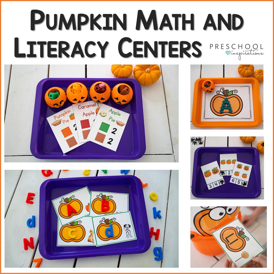 Collage of 5 photos that show pumpkin themed math and literacy activities.