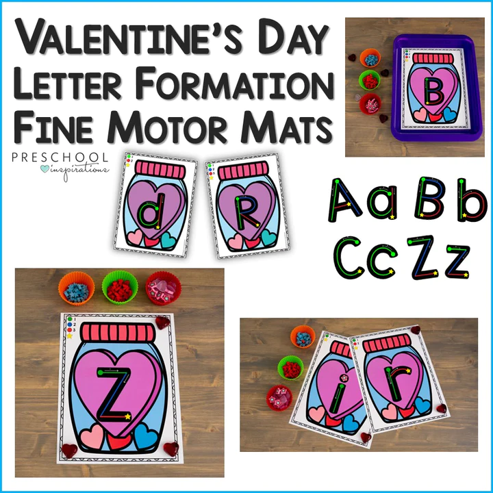 Valentine's Day letter formation mats including capital and lowercase letters. Letters shown are B, D, R, Z, and J. 